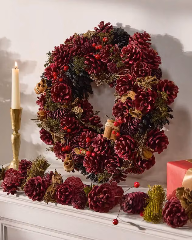Dibor Cinnamon Pinecone Christmas Wreath and Garland Set in Red, Green and Gold – 4