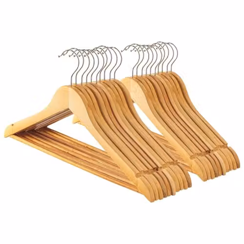 Harbour Housewares Brown Wooden Coat Hangers with Swivel Hook and Trouser Bar, Pack of 20