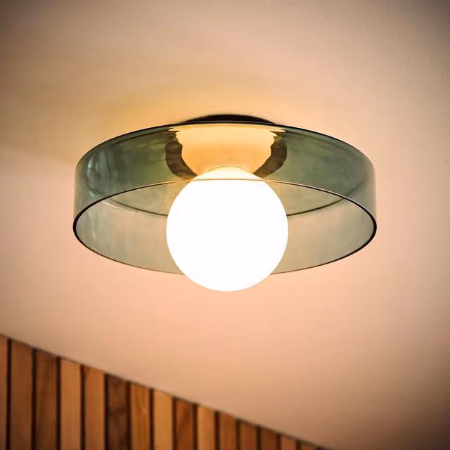 ValueLights Newbury Glass IP44 Flush Ceiling Light in Green and Gold/Brass