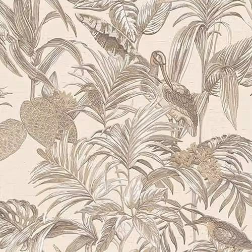 Bird of Paradise Botanical Floral Wall Stitch Wallpaper in Beige and Gold, 10 m x 0.53 m