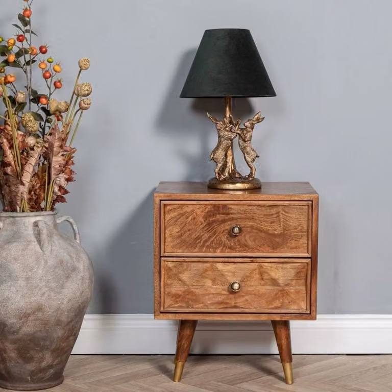 FORGEVIO Solid Mango Wood 2 Drawer Bedside Cabinet in Brown