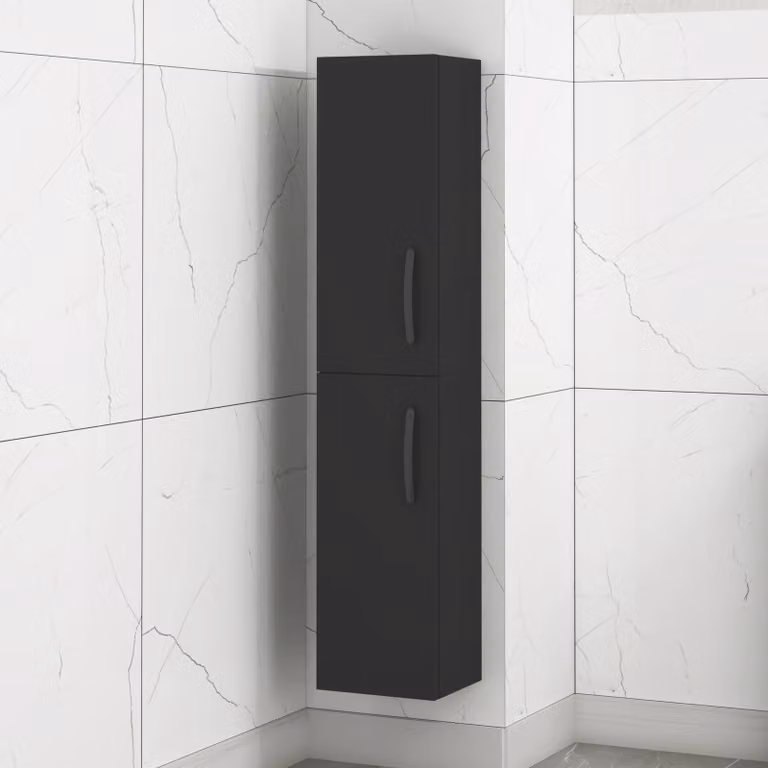 Royal Bathrooms Turin Matt Black 2-Door Wall Hung Tall Boy Cabinet Unit H 145 cm x W 30 cm x D 25 cm