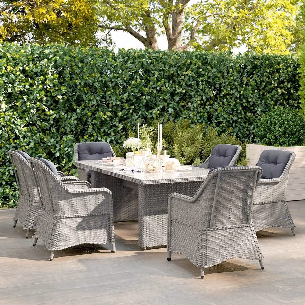 OUTSUNNY 6 Seater Rattan Dining Set with Glass Top Table and Cushions in Grey – 6