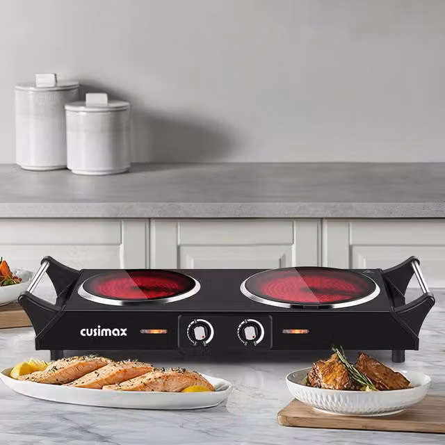 Cusimax Portable Dual Ceramic Hot Plate with Handle, Black