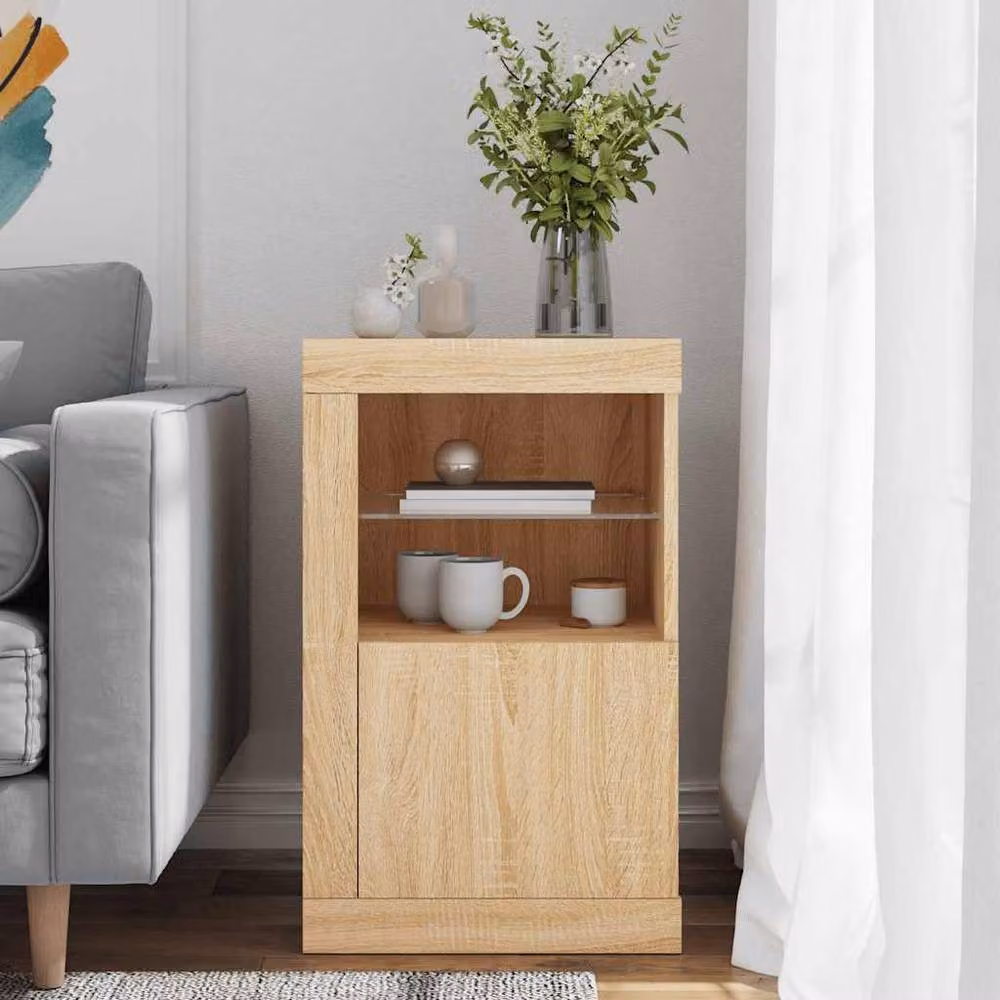 Berkfield Home Modern Side Cabinet with Integrated LED Lights and Glass Doors in Beige Sonoma Oak – 1