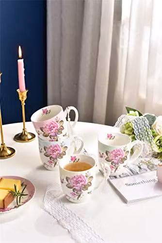 London Boutique Set of 4 Floral Ceramic Porcelain Mugs in Beige, Pink, Petrol and Blue, 330ml per mug – 3