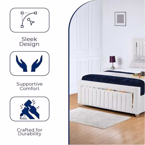 Living Comfort Bedz Zurich Plush Velvet Bed in White with Silver Trim, 6FT Super King Slat Base – 3