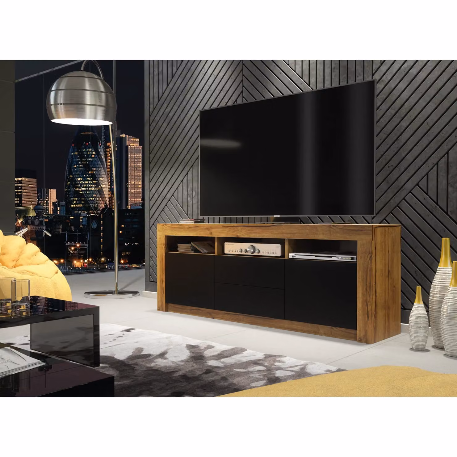 Creative Furniture Modern Oak TV Unit with Matt Black Doors in Brown, W: 160 cm, H: 60 cm, D: 35 cm – 3