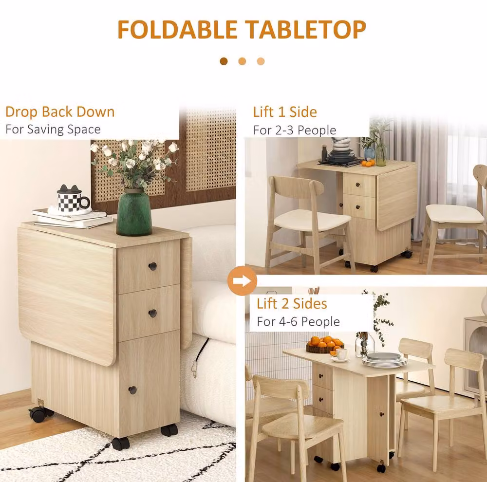 STILVORA Modern Rectangular Drop Leaf Dining Table with Storage in Light Oak – 3
