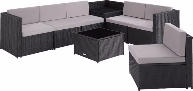 tectake Verona 6-Seater Garden Corner Set with Table in Black and Grey Rattan and Glass