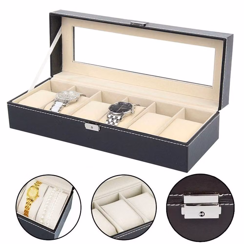 Kelvenix Black Leather 6 Compartment Watch and Jewellery Storage Box – 2