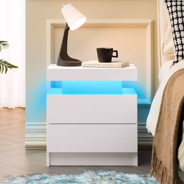 Matteo Modern LED Bedside Table with 2 Drawers in White – 1