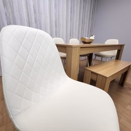 Kosy Koala 6 Seater Modern Light Wood Effect Dining Set with 4 Cream Chairs and Bench, Brown and Beige, L140 x W80 x H75 cm – 2