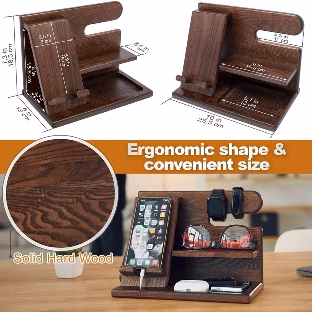 KORVIXA Wooden Desktop Phone Docking Station in Brown, W: 80 cm x D: 18.5 cm x H: 8 cm – 2