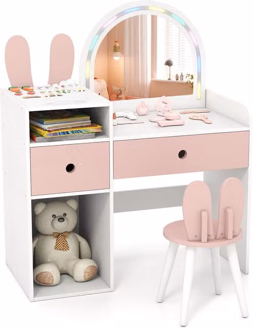 Costway Bunny Kids Vanity Table and Chair Set with Hollywood LED Lights in White and Pink