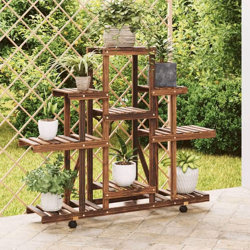 Berkfield Home Retro Flower Stand with Wheels in Brown Solid Wood, W/D/H: 110 x 25 x 101 cm – 2