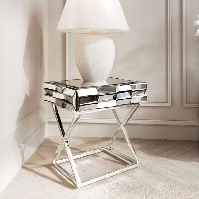 CARME Modern Square Glass and Metal Side Table in Grey, Silver and Gold