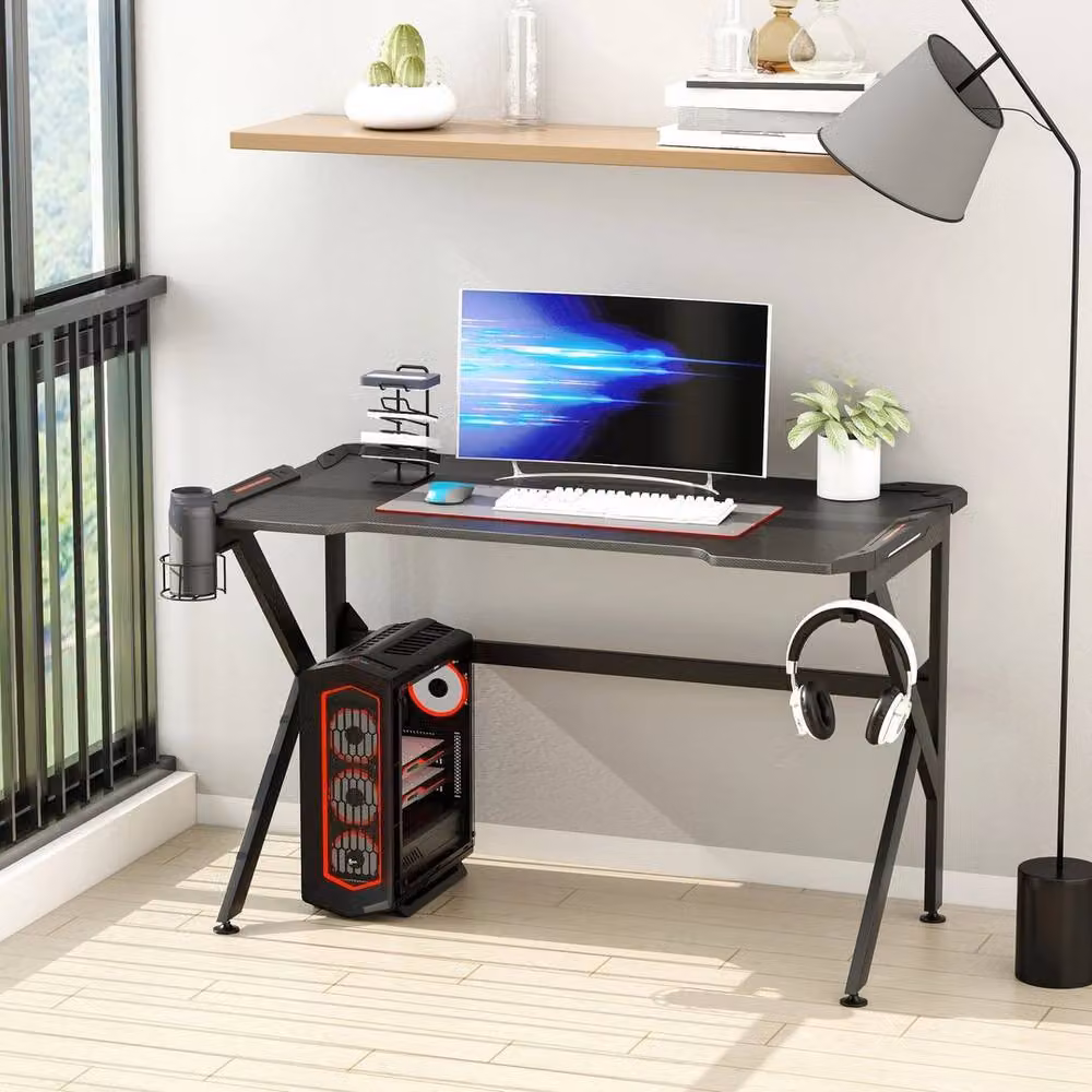 FORGEVIO Modern Black Gaming Desk with Matt MDF Laminate Surface and X-Frame Metal Legs – 5