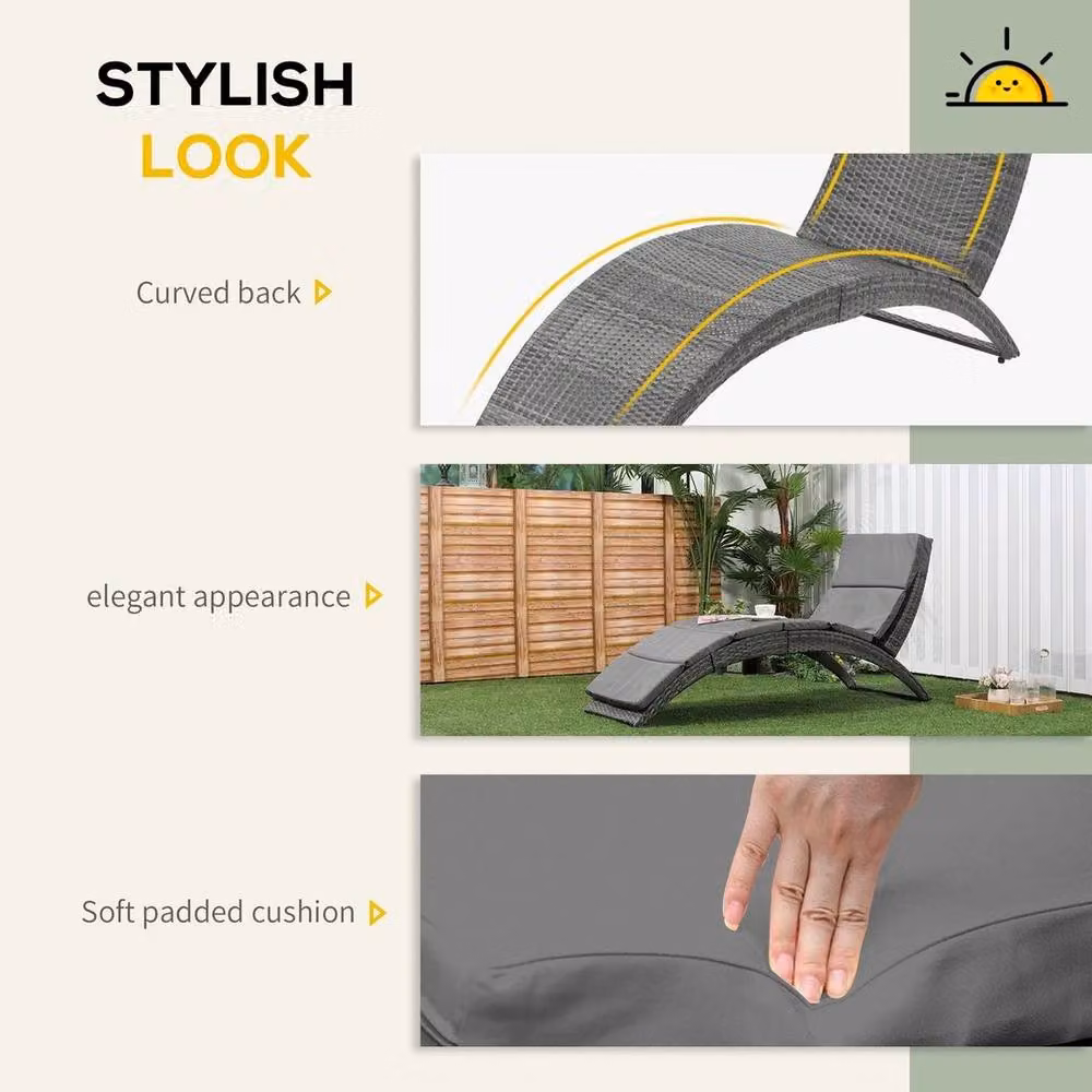 NESTLUNE Grey Polyrattan Foldable Garden Sun Lounger with Weatherproof Cushion – 6
