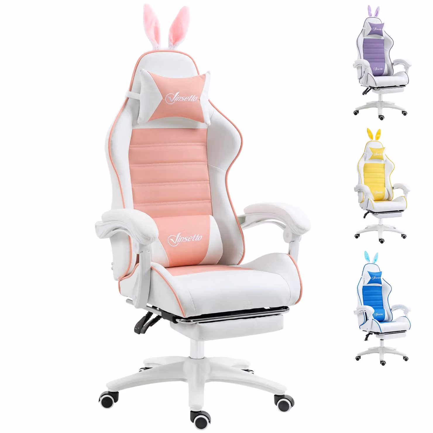 Vinsetto Racing Style Gaming Chair in Pink with Removable Rabbit Ears, Footrest and Headrest, H 120 x W 65 x D 63 cm – 2