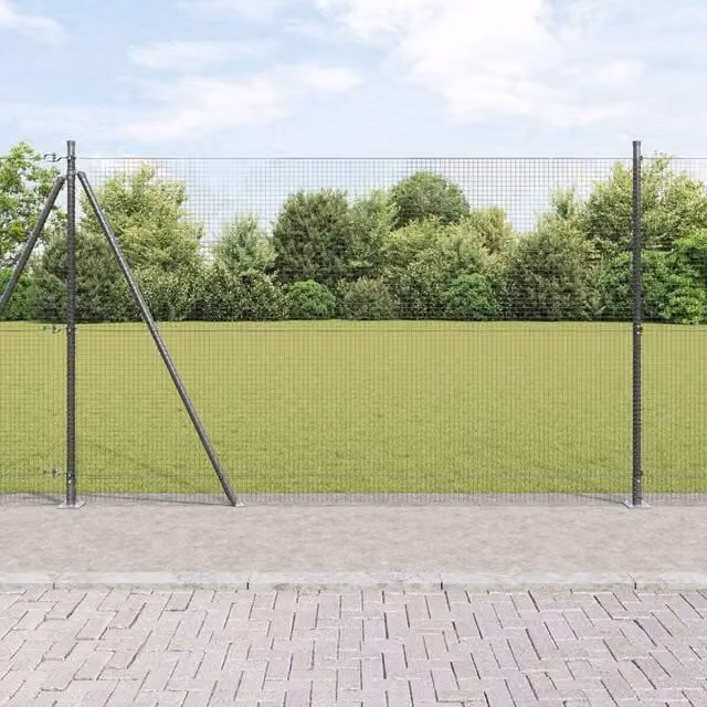 Berkfield Home Grey Steel Welded Wire Fence with 7 Flanged Posts, W: 10 m, H: 1.5 m – 1