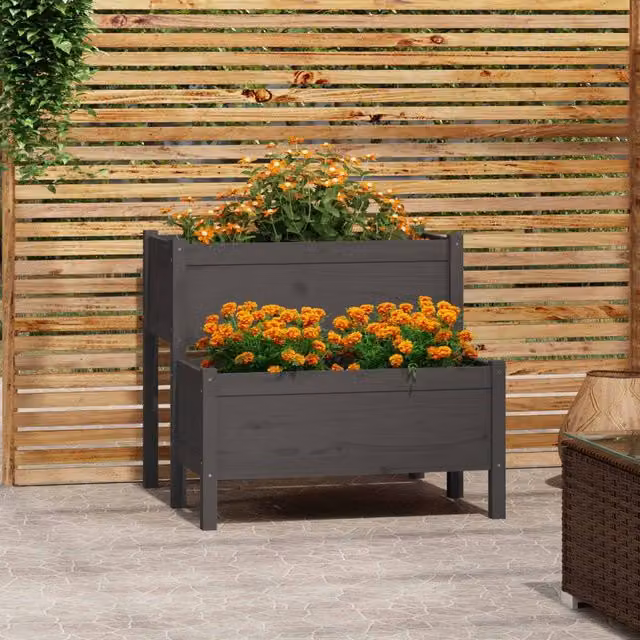 Berkfield Home Grey Wooden Raised Bed Planter W: 84.5 cm, D: 84 cm, H: 75 cm – 1