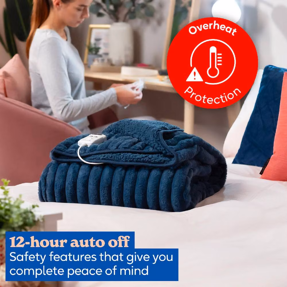 Russell Hobbs Navy Faux Fur and Sherpa Electric Heated Throw RHHT1005, W: 180 cm, D: 130 cm – 7