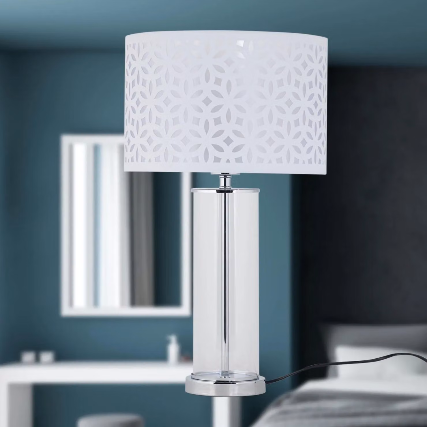 First Choice Lighting Aura Chrome Table Lamp with White Cut Out Shade in Silver – 2
