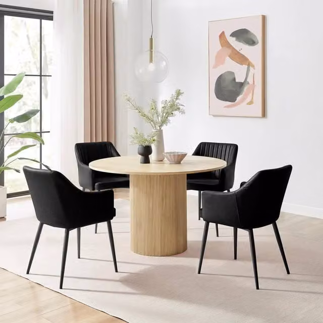 FurnitureboxUK Penrose Oak Effect Round Dining Table and 4 Calla Black Faux Leather Chairs, Diameter: 120 cm