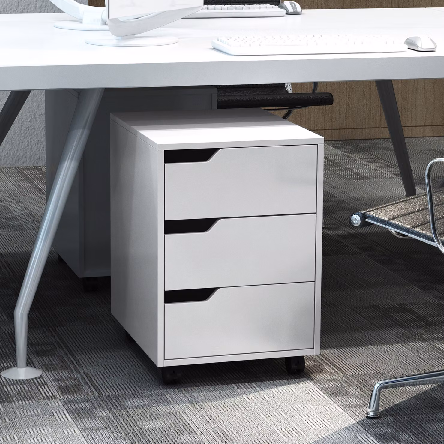 HOMCOM 3 Drawer Mobile File Cabinet with Lock and Castors, White – 4