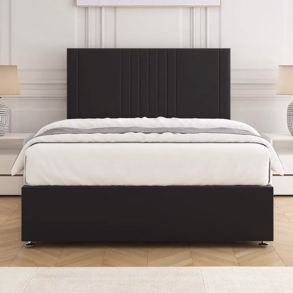 BSSPOKE Monaco Velvet Divan Bed Set with 24 inch Headboard, 2 Drawers, Footend and Mattress, Black, W/D/H: 180 x 200 cm – 2