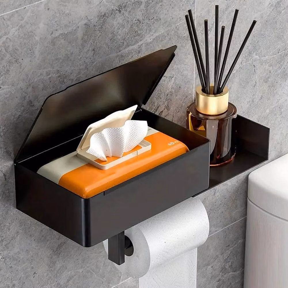 PAWNORA 3-in-1 Wall Mounted Stainless Steel Bathroom Toilet Roll Holder in Black – 5