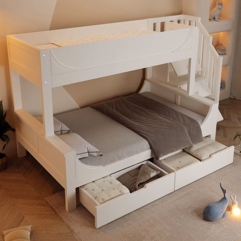 STILVORA Junior White Bunk Bed Frame with Storage Drawers and Stairs – 4