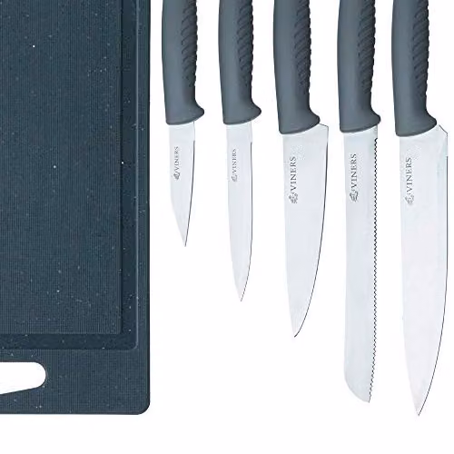 Viners 5 Piece Knife and Chopping Board Set with Stainless Steel Knives and Grey Handles – 6