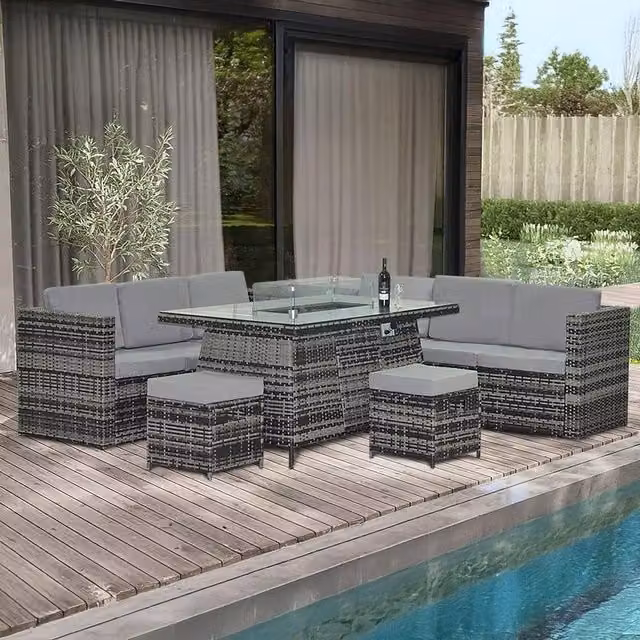 Alivio 8-Seater Rattan Garden Furniture Set with Built-In Fire Pit and Grey Cushions