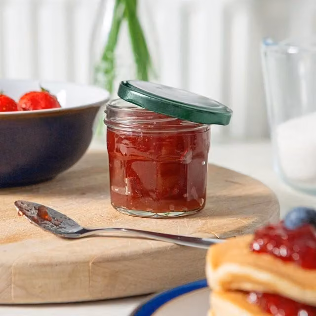 Argon Tableware Glass Jam Jars with Metal Screw Lids, Green and White, 130ml, Pack of 12