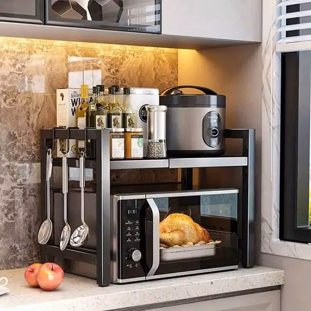 Dprodo Expandable Black Metal Kitchen Microwave Stand with Adjustable Shelves – 1