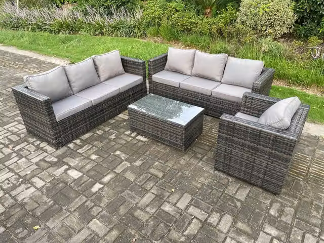 Fimous 7 Seater Rattan Garden Furniture Set in Dark Grey with Upholstered Cushions and Coffee Table