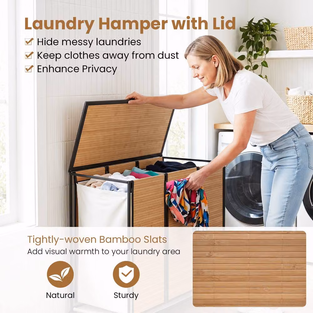 Costway 81L Bamboo 3-Section Rolling Laundry Hamper Sorter with Lid in Natural Brown – 3