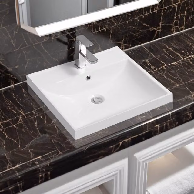 Limoge 5409 White Ceramic Thick-Edge Inset Rectangular Countertop Basin W/D/H: 51 x 46 x 16.5 cm – 1