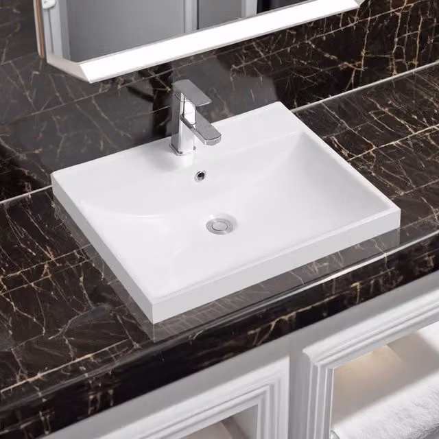 Limoge 5409 White Ceramic Thick-Edge Inset Rectangular Countertop Basin W/D/H: 60.5 x 46.0 x 16.5 cm – 1
