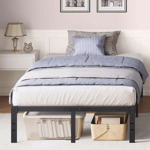 The Bazaarist Modern Double Metal Bed Frame with Underbed Storage in Black, 140 x 200 cm