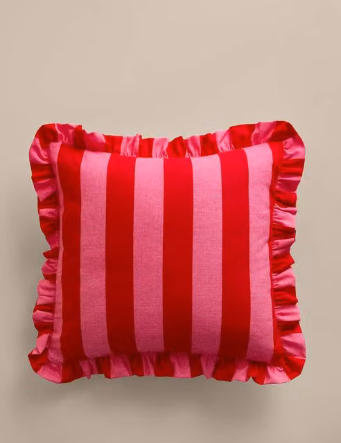 M&S Pink Striped Cotton Frill Square Cushion