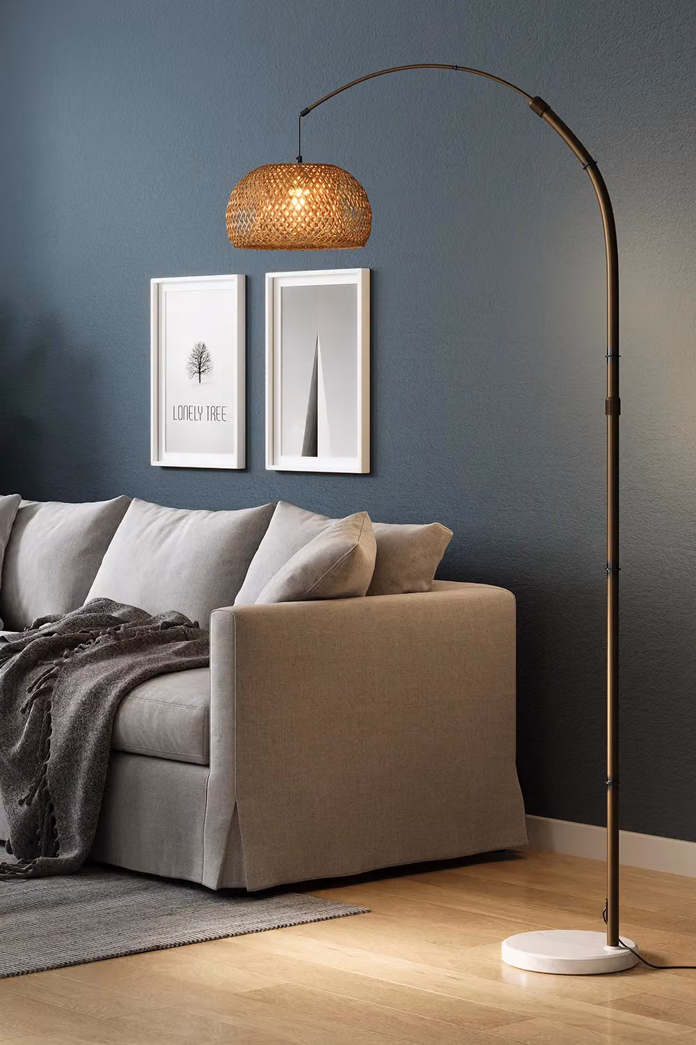 Living and Home Vintage Style Floor Lamp with Bamboo Lampshade and Marble Base in Multicolour – 2