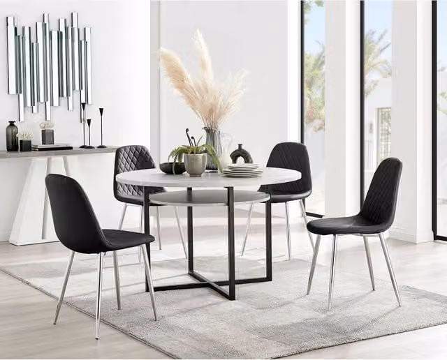 Furniturebox Adley Grey Concrete Effect Round Storage Dining Table and 4 Corona Silver Faux Leather Chairs in Black