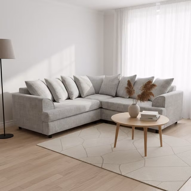Abakus Direct Ferguson Left-Facing L-Shape Corner Sofa in Grey Chenille Fabric with Deep Seats and Scatter Cushions