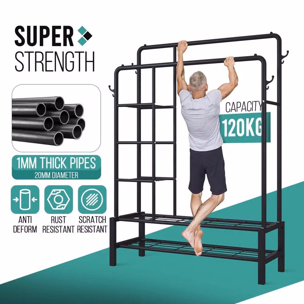 PAWNORA Heavy Duty Metal Clothes Rail with Dual Hook and Rail Matrix in Matt Black – 4