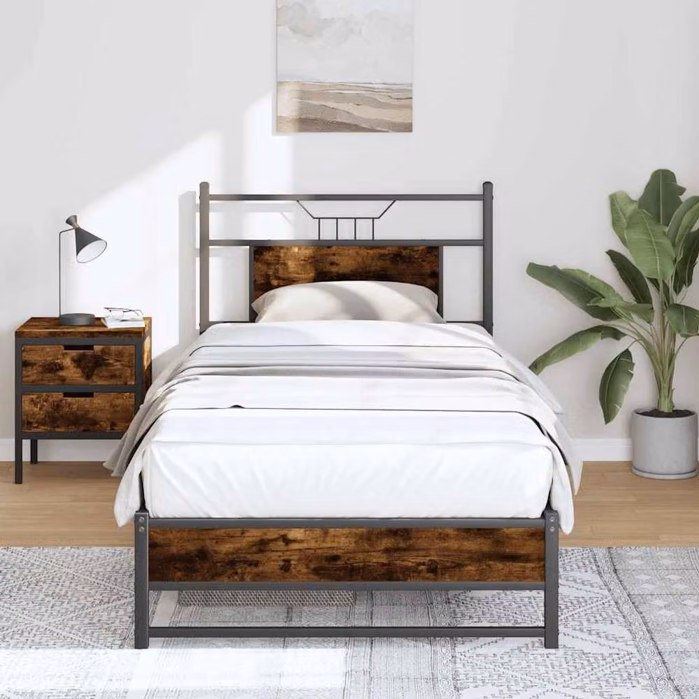 Berkfield Home Small Single Bed Frame in Smoked Oak and Metal, Brown, W: 75 cm, L: 190 cm – 1