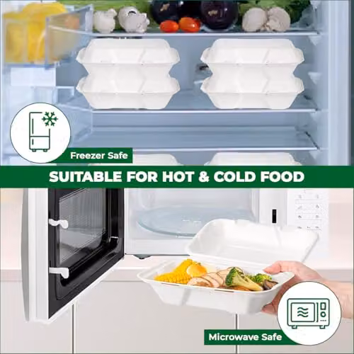 ECONX 50pcs White Disposable Bagasse Clamshell Takeaway Food Boxes with Lids, 1 Compartment, 22.86 x 15.24 x 7.7 cm – 4