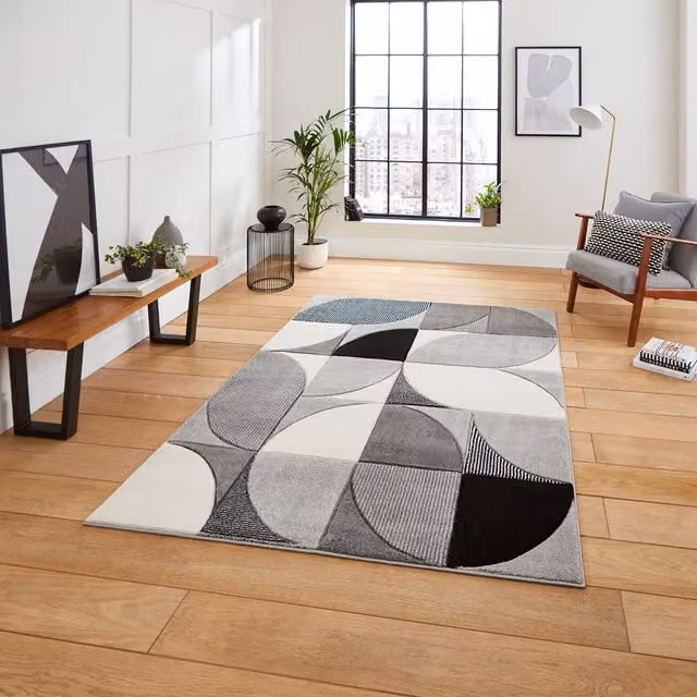 Terrys Modern Geometric Rectangular Rug in Grey and Black